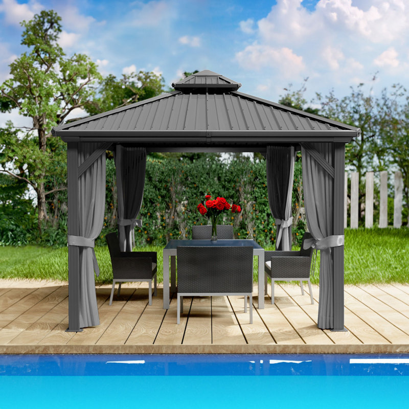 Kozyard Gray Double Roof Hardtop Gazebo with Curtain and Mosquito Netting, 10 (ft) x 10 (ft)