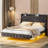 Modern Queen Bed Frame with Headboard, Upholstered Wingback Platform Bed With LED Lights, Charging Port, Fabric Floating Bed With Storage