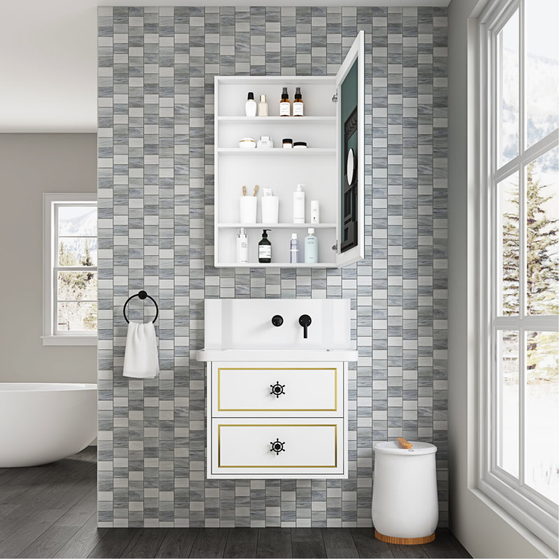 Armoire de salle de bain 24 po x 36 po, bords de miroir biseautés, porte ouverte à droite, rangement spacieux, bois d'ingénierie, reflet transparent, porte de rangement blanche, espace, bois