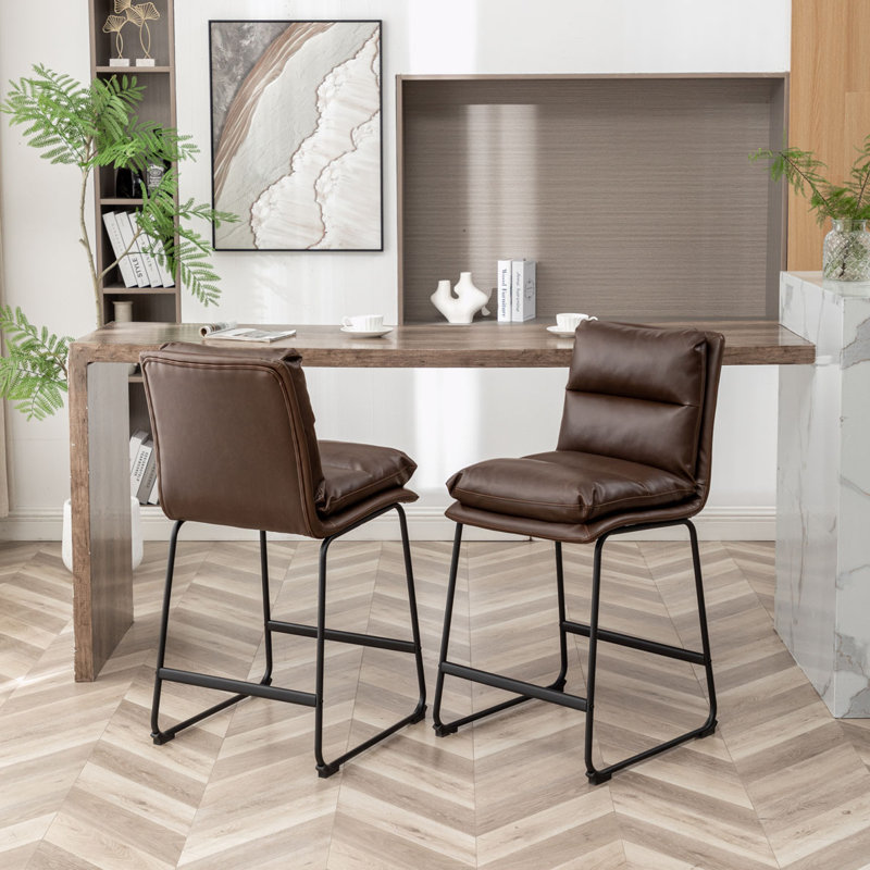 Upholstered Barstools Set of 2, Faux Leather-Antique Brown