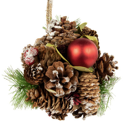 Ornement suspendu 5,5 "avec pomme de pin rouge et feuillage mélangé boule de Noël
