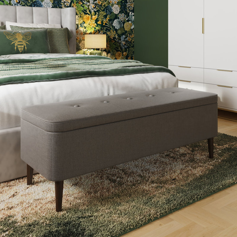 Derryberry Ottoman Storage Bench. Grey Button Tufted Linen Fabric Upholstered. 2 Leg Options Included.