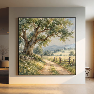 Très grand art mural imprimé sur tissu - Grand arbre de campagne avec clôture rustique et vue sur la montagne pour le salon ou la chambre à coucher - «Assemblage requis du cadre (cadre non fini)»