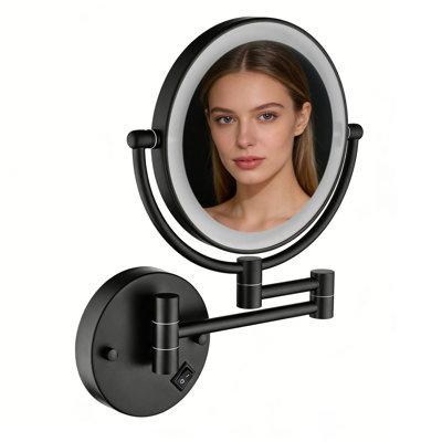 Miroir de maquillage grossissant double face à DEL, mural, 8 pouces, rallonge de 12 pouces, noir mat