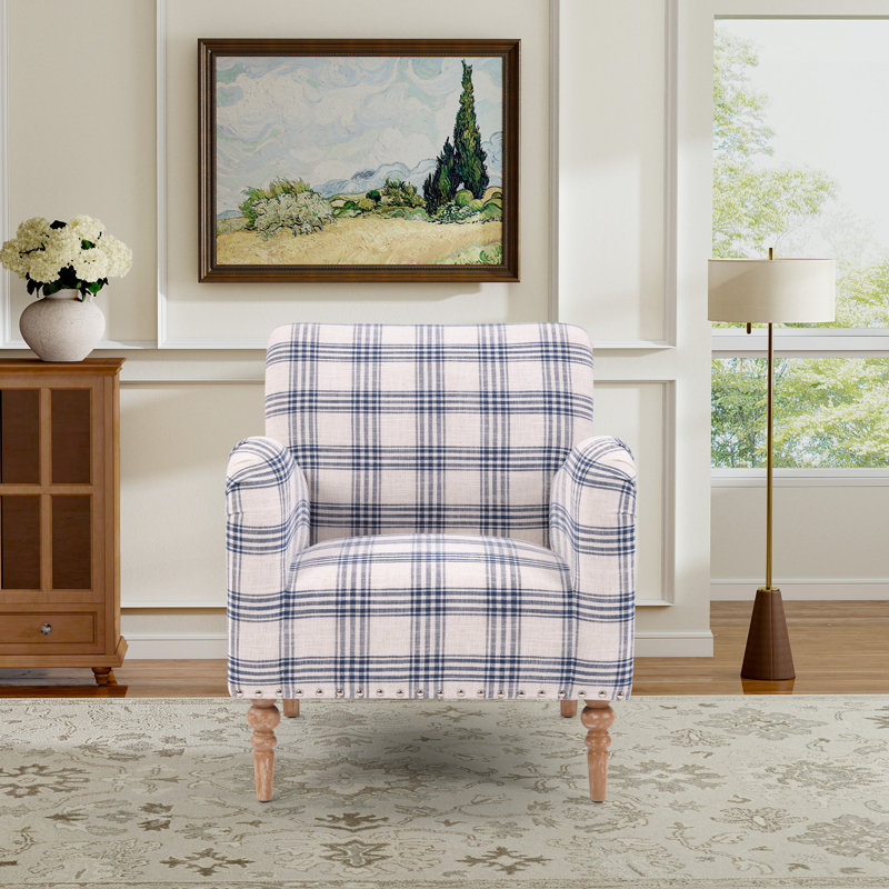 29" Wide Traditional Plaid Upholstered Armchair With Solid Wood Legs, Blue/White, 2