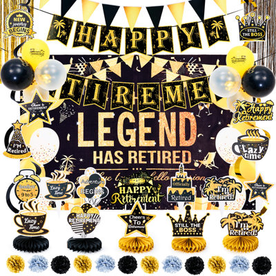 101 Pcs Retirement Party Decorations Set Black Gold, The Legend Has Retired Backdrop Banner Balloons Pom Poms Fringe Curtain