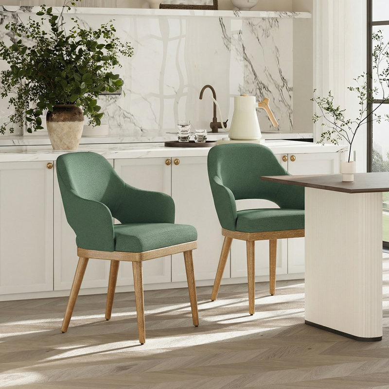 Chaise de salle à manger rembourrée moderne avec pieds en bois, Vert, Bois naturel