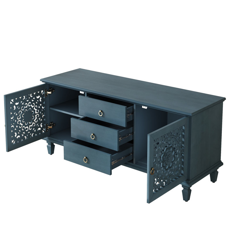 Vintage Sideboard Buffet Storage Cabinet with 3 Drawers & Adjustable Shelves, Antique Blue