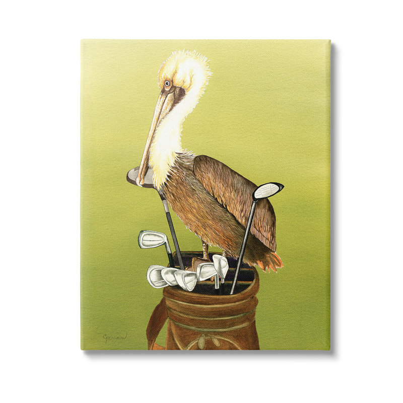«Pelican on Golf Club», art mural par Christine Reichow, H 20 po x l 16 po