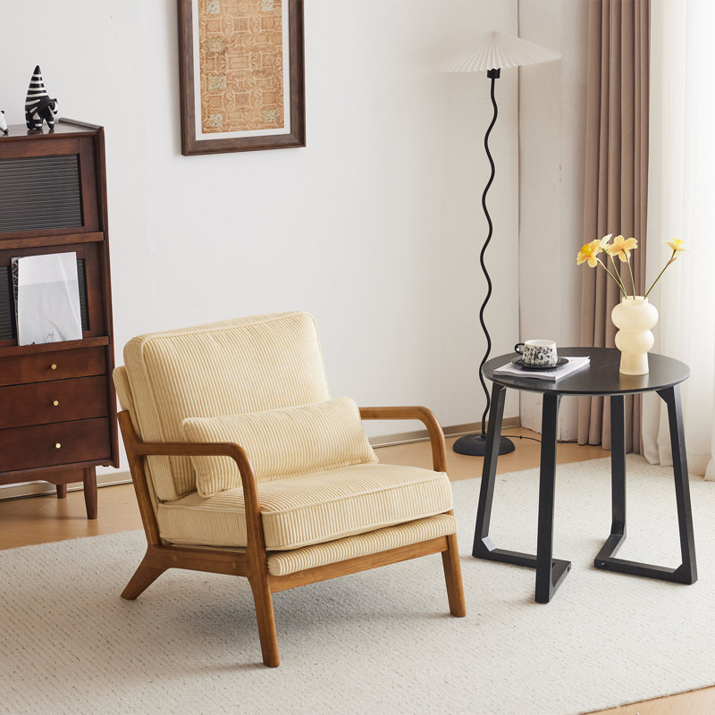 Fauteuil d'appoint rembourré en bois massif Elizabeth Mid Century, Velours côtelé beige