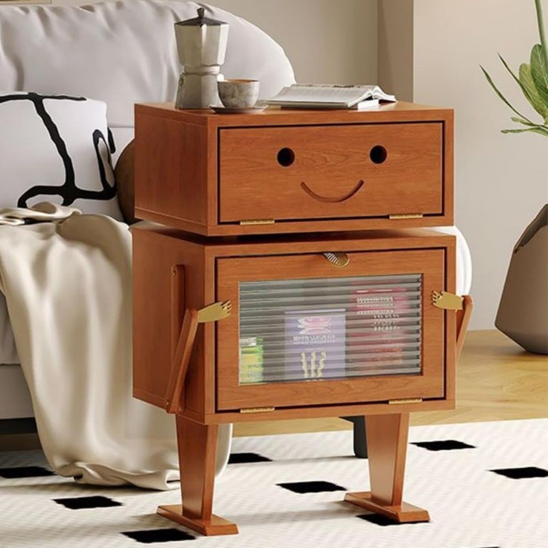 Soild Wood Robot End Table Side Table With 360° Rotation, Brown Wood