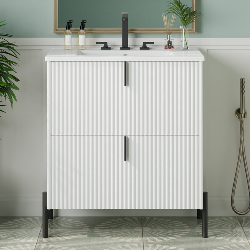 Meuble-lavabo autoportant avec lavabo en céramique intégré et conception cannelée, avec tiroirs à fermeture en douceur à extension complète