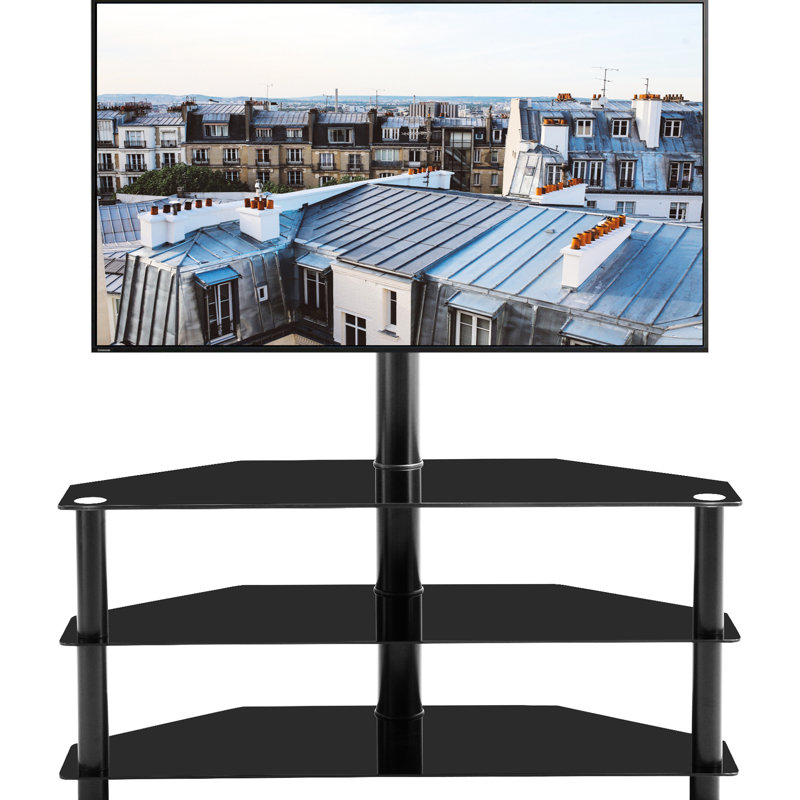 Meuble télé noir avec 3 tablettes, réglable en hauteur et pivotant, pouvant accueillir des téléviseurs de 32 à 65 pouces, pivotant avec ajustement stable de 35,4 po et poids de 49 lb