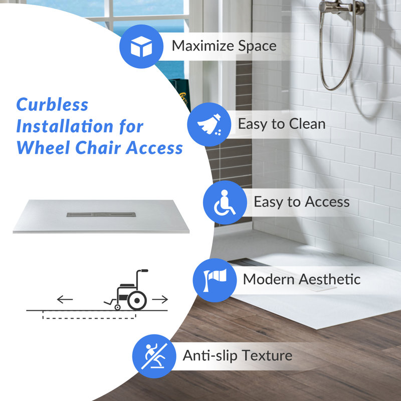 47.25" W X 31.5" D Solid Surface Shower Base, Non-Slip, Low-Profile, Curbless, Wheelchair Accessible, Center, White