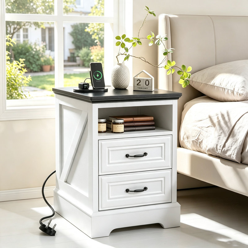Farmhouse Nightstand, Bedside Table with Charging Station, White, Individual