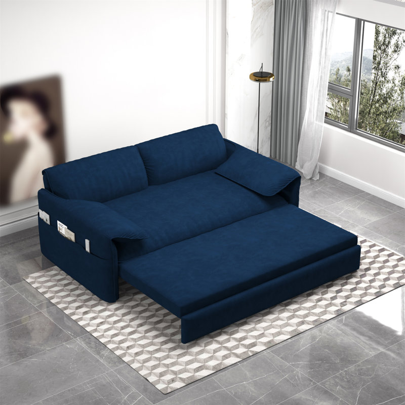 Queen Pull Out Sofa Bed,Convertible Sleeper Sofa with Side Storage, Multi-Functional Loveseat Bed, Blue Velvet 1