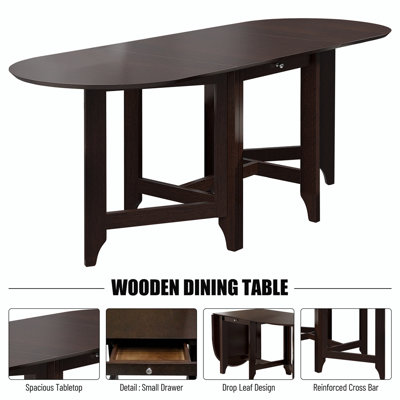 Drop-Leaf Table Rustic Rubberwood Dining Table with Spacious Tabletop Small Drawer
