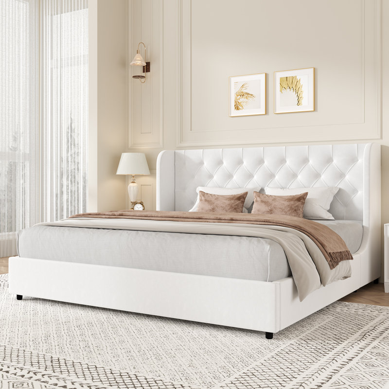 Lit plateforme tapissier Kewania Bedback, Complet/Double, Blanc