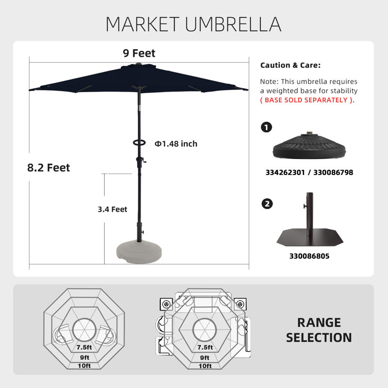 9 ft. Market Patio Umbrella with Push Button Tilt and Crank, Navy