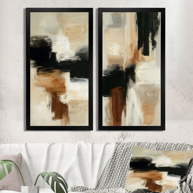 «Black and Brown Brushstroke», peinture abstraite noire sur toile 2 pièces, H 32 po x l 32 po, Cadre flottant brun