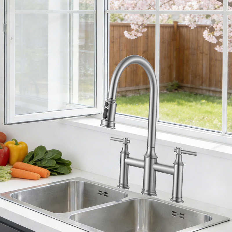 Bridge Kitchen Faucet, 3 Holes Kitchen Faucet With Pull Down Sprayer,2 Handles, 360° Swivel Spout, Brushed Nickel