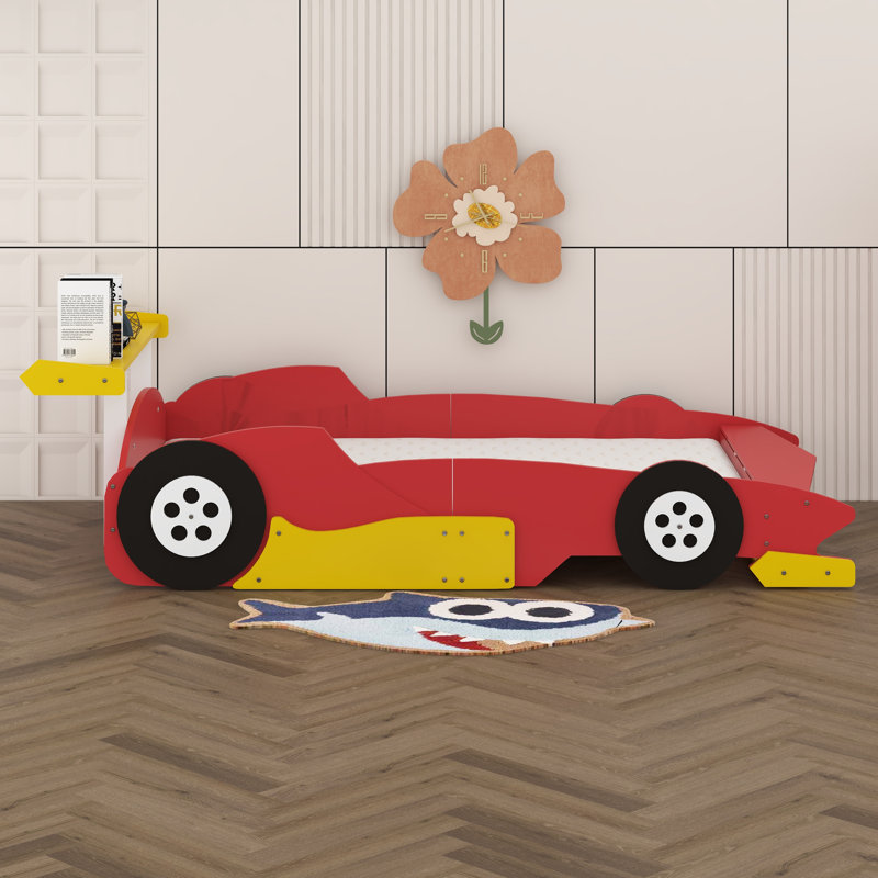 Full Size Race Car Bed For Kids, Wood Car-Shaped Platform Bed With Storage Shelves, Car Bed With Wheels  , Red