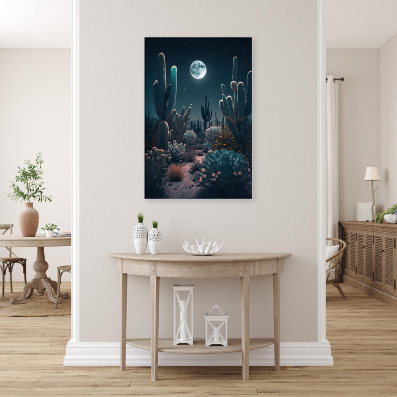 Cactus sous la lune - impression sur toile tendue, H 36 po x l 24 po x P 1,25 po