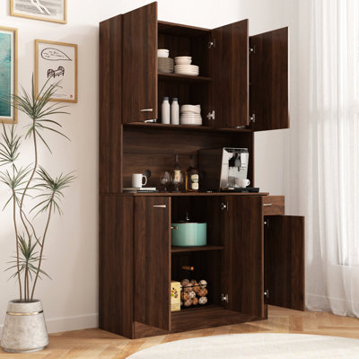 Walnut 69.36" Tall Wardrobe & Kitchen Cabinet, 6 Doors, 1 Open Shelf, Drawer. Material, Attractive Cabinet Finish, Spacious Storage Space Bedroom Color, , Easy To Clean, Ample