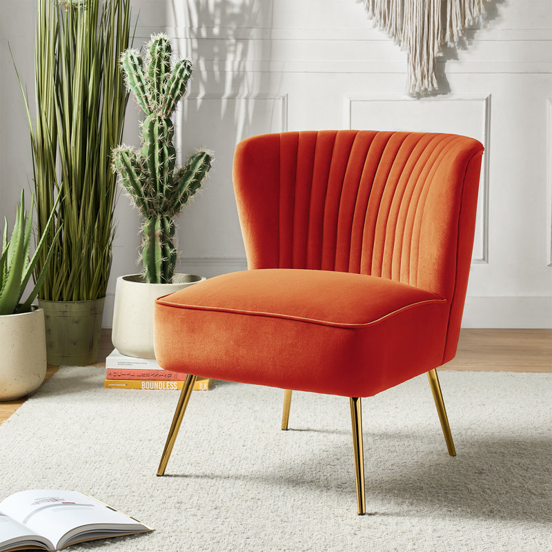 Fauteuil d'appoint en velours Leona avec pieds en métal, Velours orange