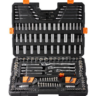 Mechanics Tool And Socket , 205 Pcs, 1/4" 3/8" 1/2" Drive Deep Standard Sockets, Metric, Bits, Combination Wrench, Wrenches, Accessories, Storage Case, Rust - Cr V , High Torque Reliability