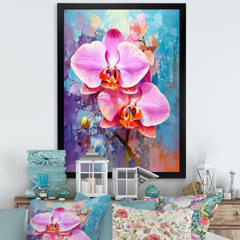 Orchidées bleues abstraites Euphoria, H 32 po x l 16 po x P 1 po, Cadre simple noir
