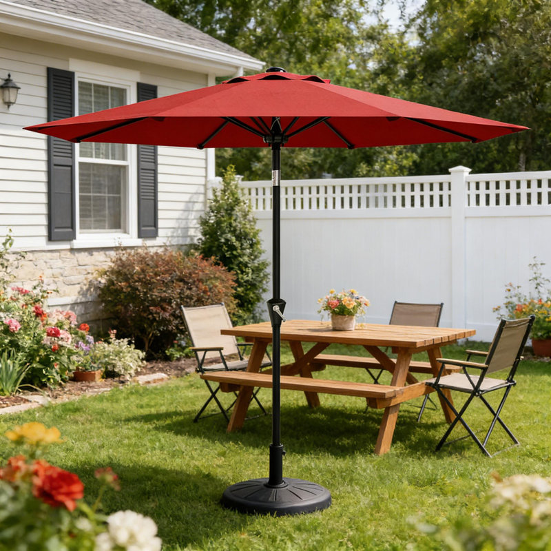 Parasol de patio 10 pi avec manivelle lisse, inclinaison à bouton-poussoir et 8 nervures robustes pour la cour, le jardin