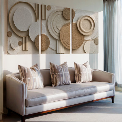 3 Pieces Exculisive Ivory Oatmeal Circle Plaster Relief Panorama Wall, Modern Canvas Decor for Living Room, Bedroom, Office and Home, Ready to Hang