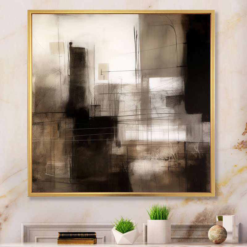 «Black Mid Century Fusion V», reproduction sur toile, H 16 po x l 16 po x P 1 po, Cadre flottant doré