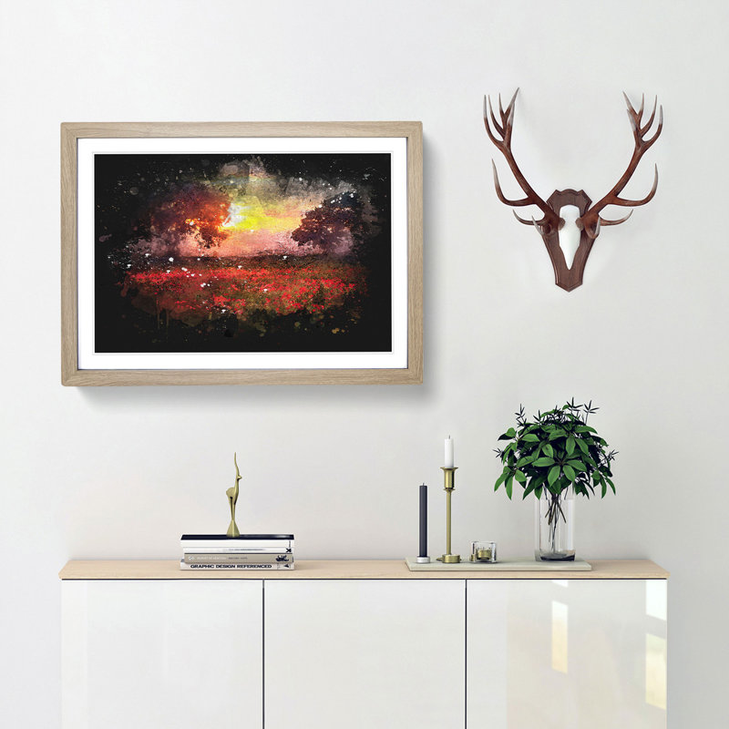 Poppy Meadow - Single Picture Frame Print on MDF, 33cm H x 45cm W x 2cm D, Oak Framed