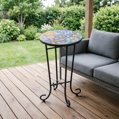 Table d'appoint ronde à carreaux de céramique résistante aux intempéries, plateau à motif floral méditerranéen avec cadre en acier thermolaqué noir mat pour la décoration intérieure