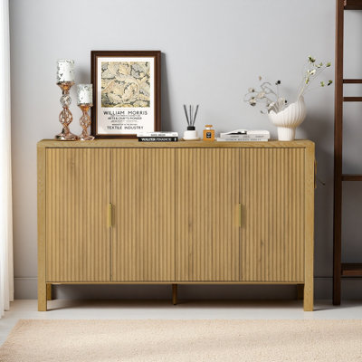 Modern 57.5" Stripe Door Storage Cabinet, 4-Door Sideboard With Back-Of-Door Storage Racks & Side Hooks, Adjustable Shelves