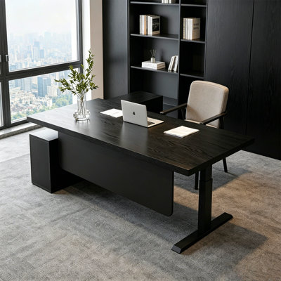 Light Luxury Black Solid Pine Height Adjustable Executive Desk, Plug-in Memory Height Lift with 3-Drawer Storage Cabinet, Widened Sturdy Steel Frame & Extended Solid Wood Tabletop, Versatile for Multiple Scenarios