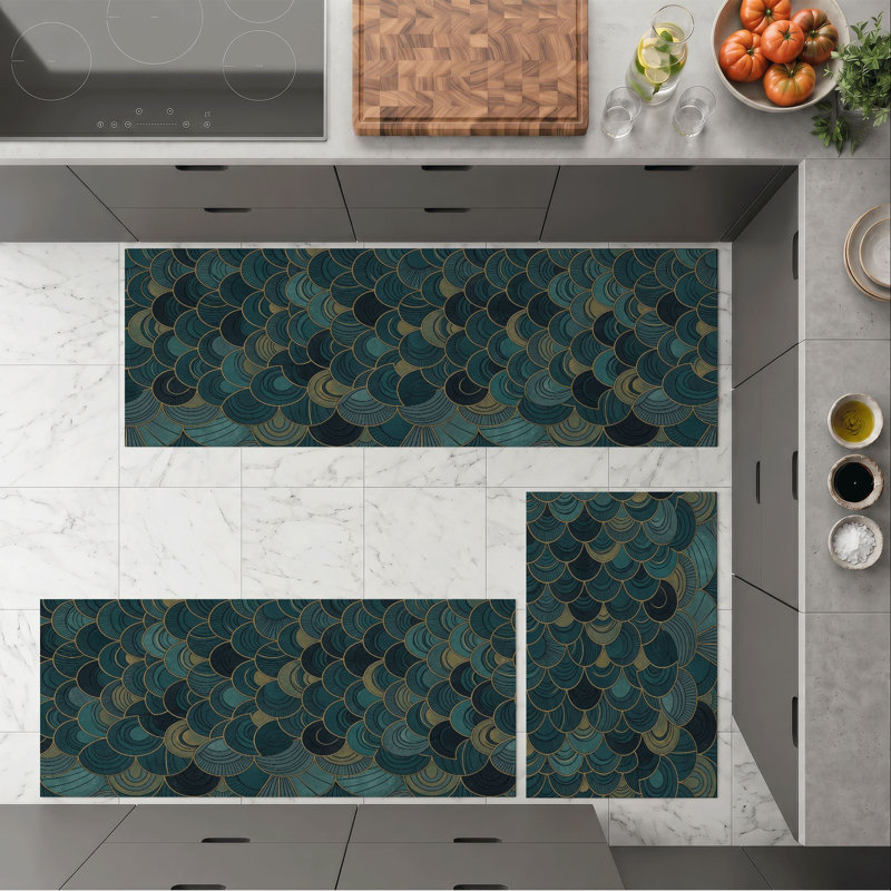 Teal Scale Non-Slip Washable Kitchen Mats