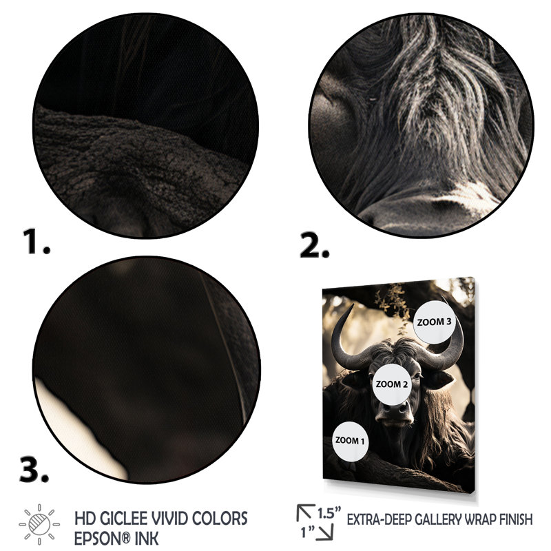 «Gray Buffalo Serenity In Shadows», reproduction d'art animalier, H 44 po x l 34 po x P 1,5 po, Toile tendue
