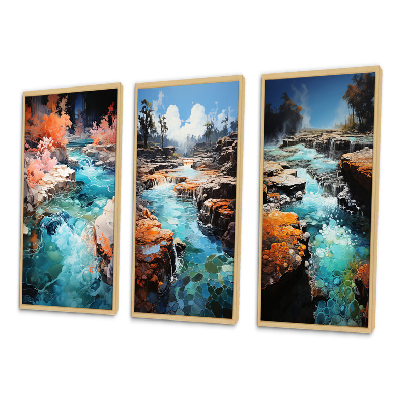«Geyser Erupting Azure Uses», 3 pièces sur toile, Encadré naturel, H 32 po x l 48 po