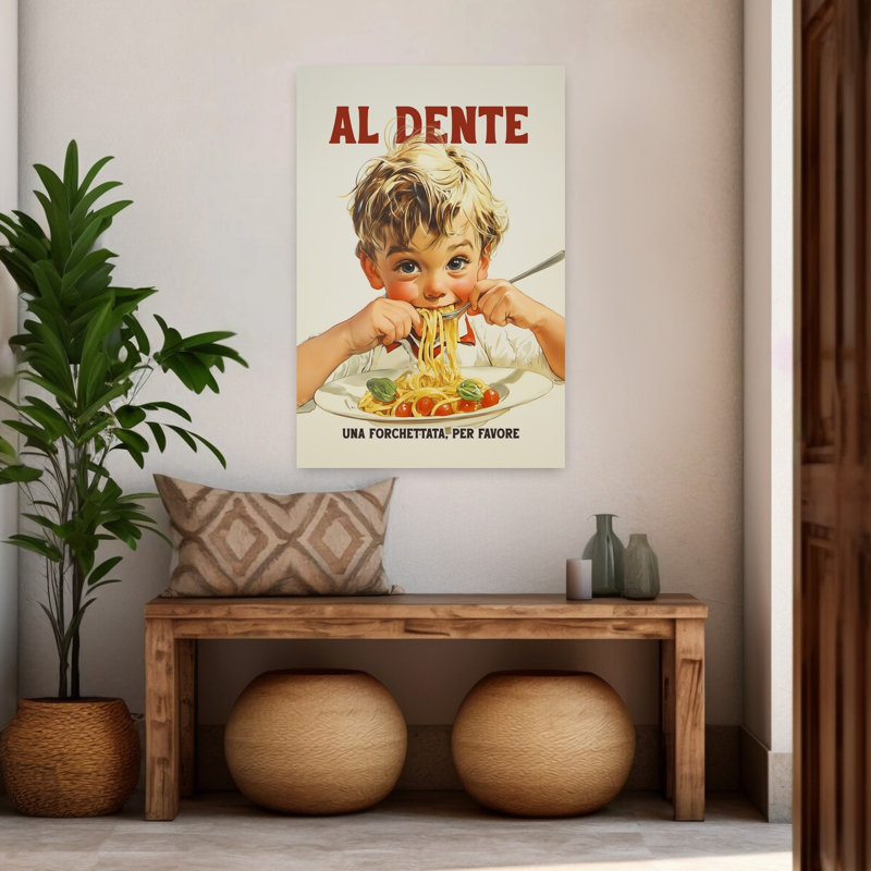 «Happy Boy Eating Spaghetti Classic Retro», art mural rétro, H 48 po x l 32 po