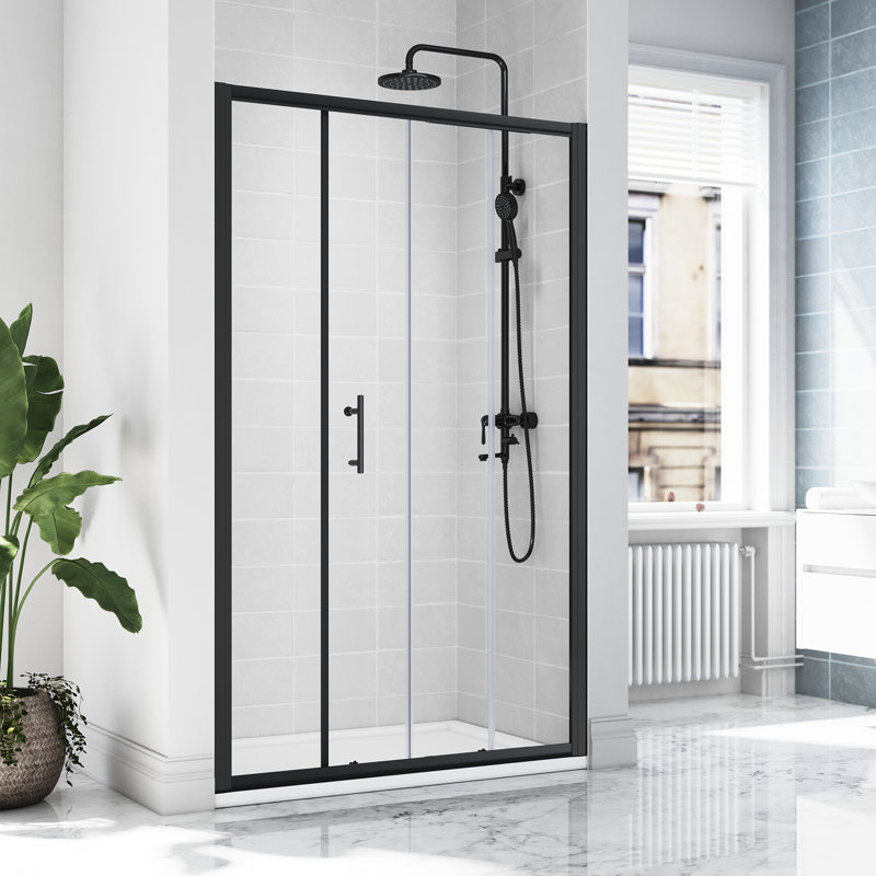 185*110*0.6cm, Safe and Easy-To-Clean Sliding Shower Enclosure with Side Panels, Black