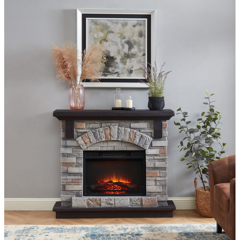 Foyer électrique 28 po avec manteau en fausse pierre 28 po, Gris, 40" H x 45" W x 11.5" D