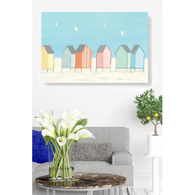 Coloraama Cabana, Beach Cabana's, sur sarcelle, sur cyan, bleu, rouge, vert, voiliers, jaune, côtier, océan