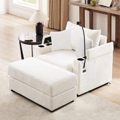 Modern Beige With Storage & Function. Movable , 2 Ports, Cup Holders, Phone Holder. Cozy Seat Cushions Couch Hidden Chargers. Corduroy, Comfortable