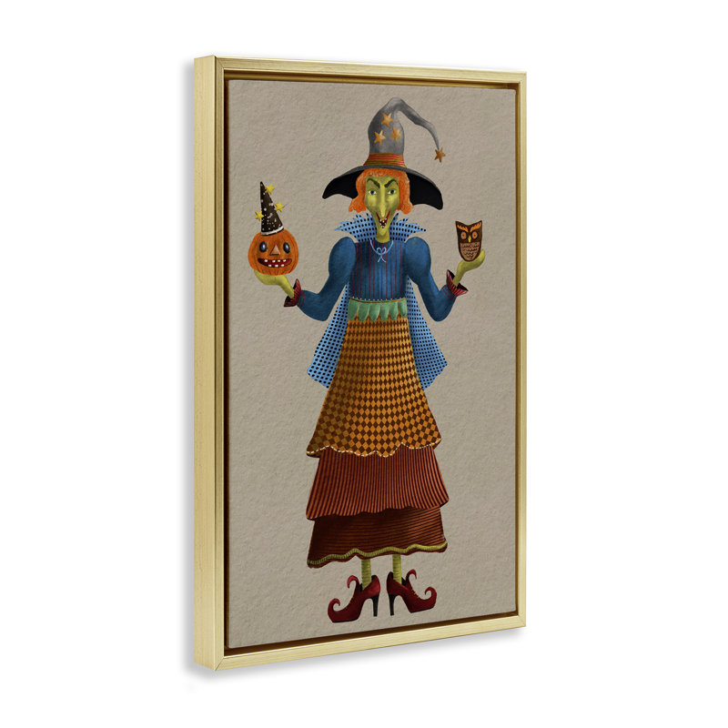 «Halloween Witch in Plaid», toile flottante encadrée par Regina Moore, Cadre flottant métallique doré, H 31 po x l 21 po