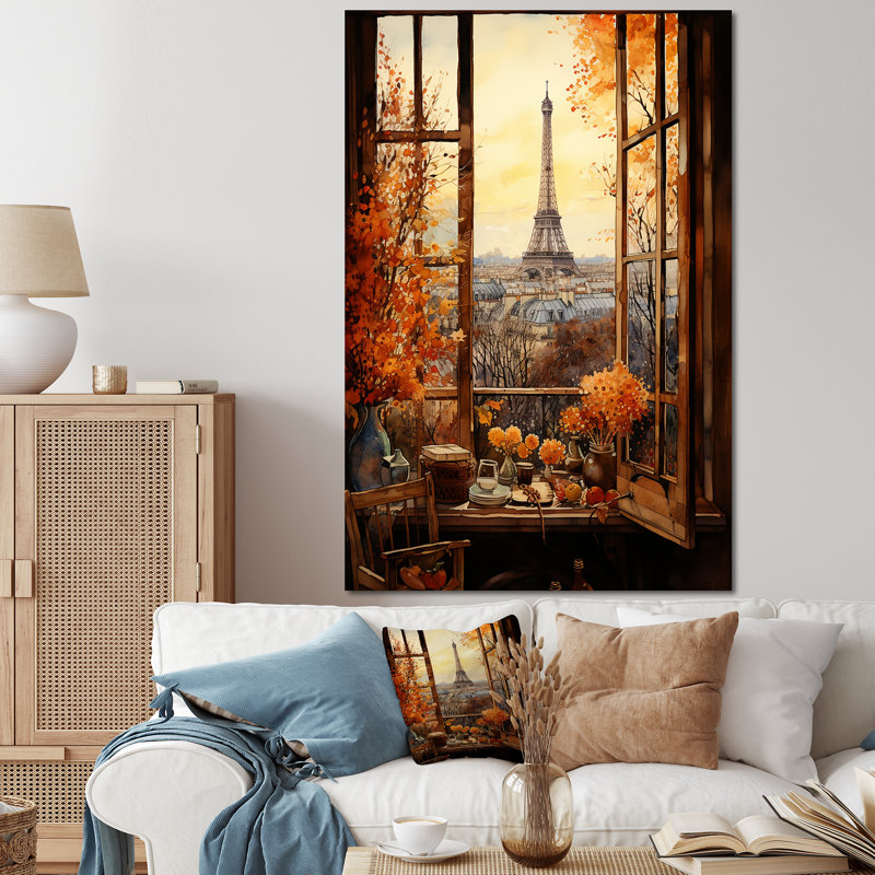 Rétro Paris fenêtre vue 2 - City Paris, art mural, Toile tendue, H 60 po x l 40 po x P 1,5 po