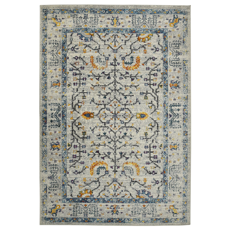 Ivory and Yellow Rectangular Synthetic Stain-Resistant Area Rug