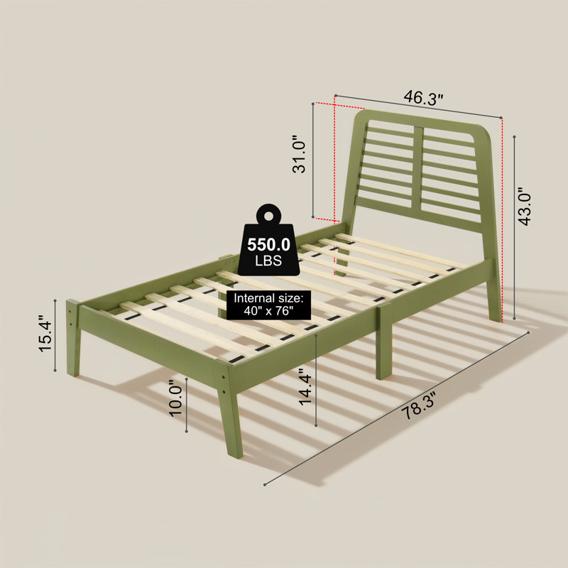 Allyannah Bustillo Modern Solid Wood Twin Platform Bed with Headboard, Green